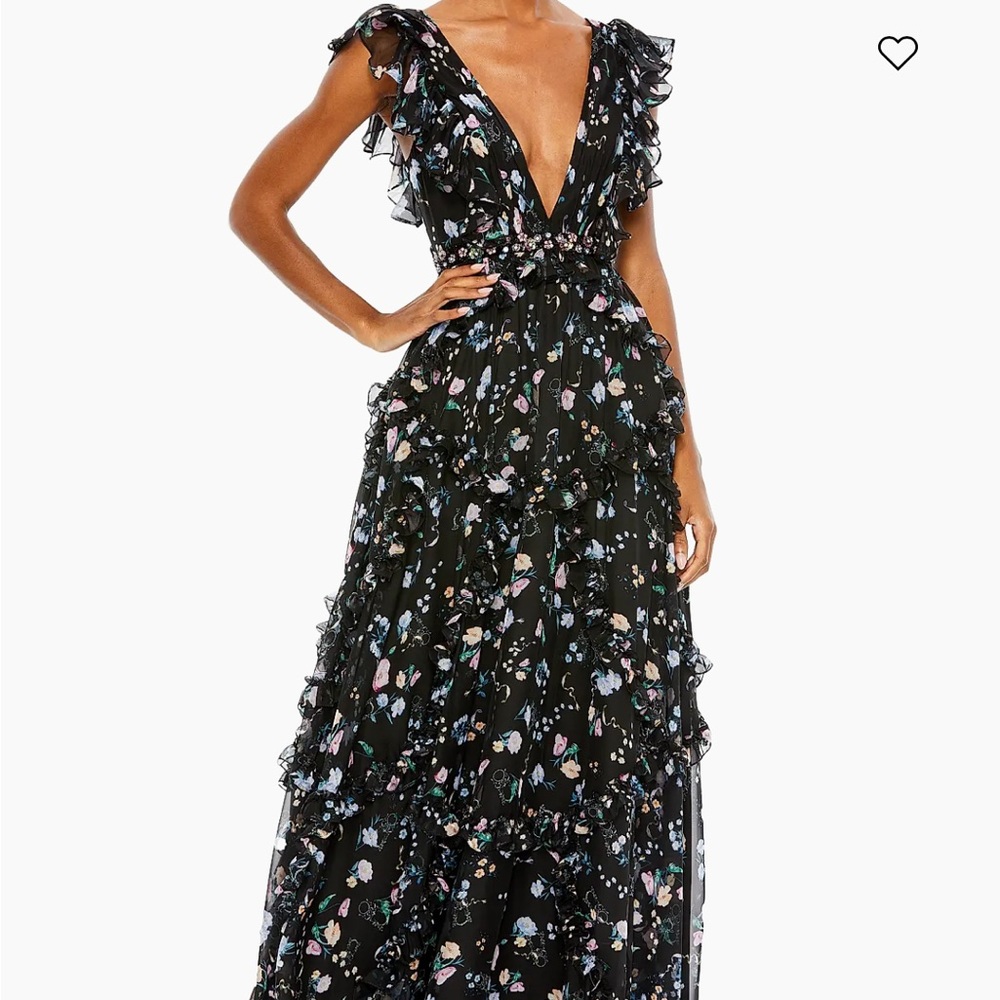 Mac Duggal Ieena Ruffled Black Floral Maxi Dress